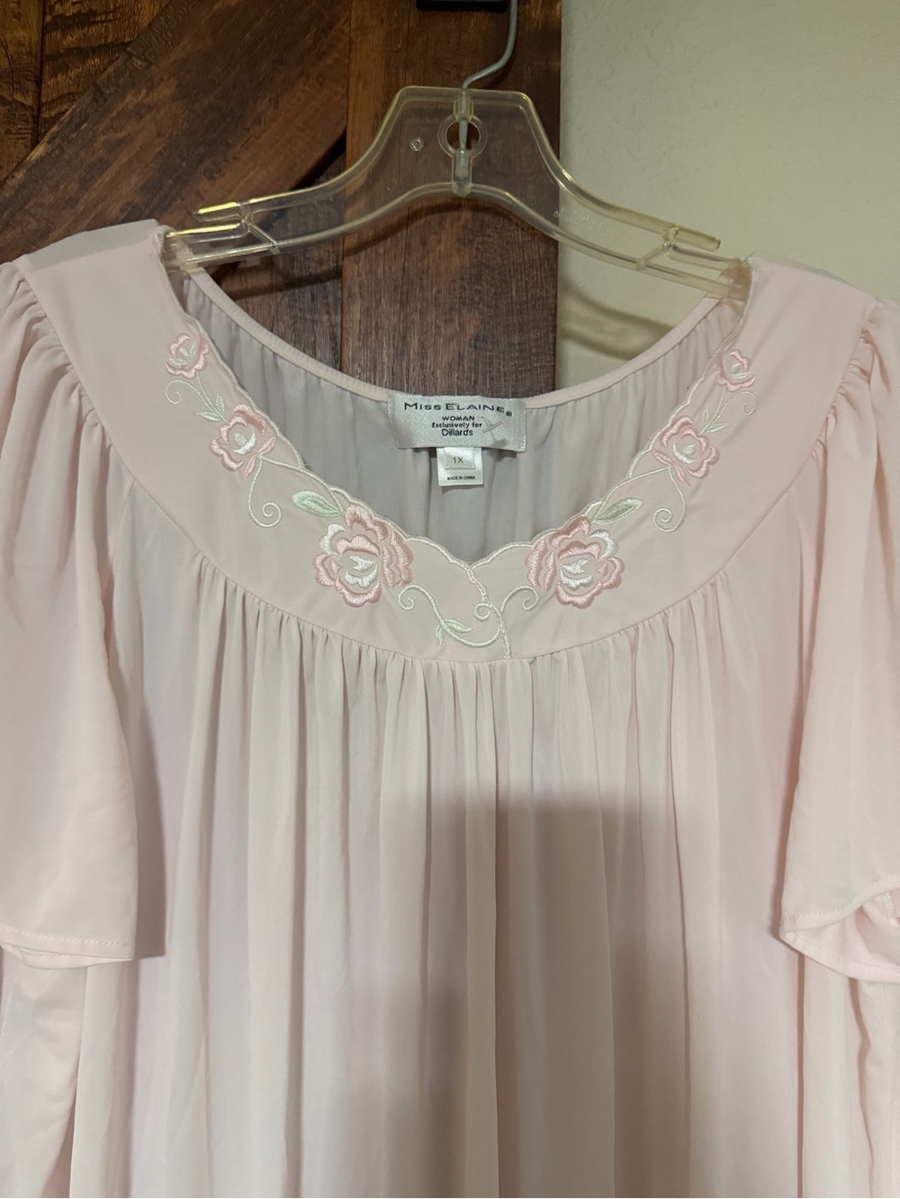 Miss Elaine’s Women Embroidered Short-Sleeve Long Embroidered Nightgown Pink 1X - Picture 3 of 4